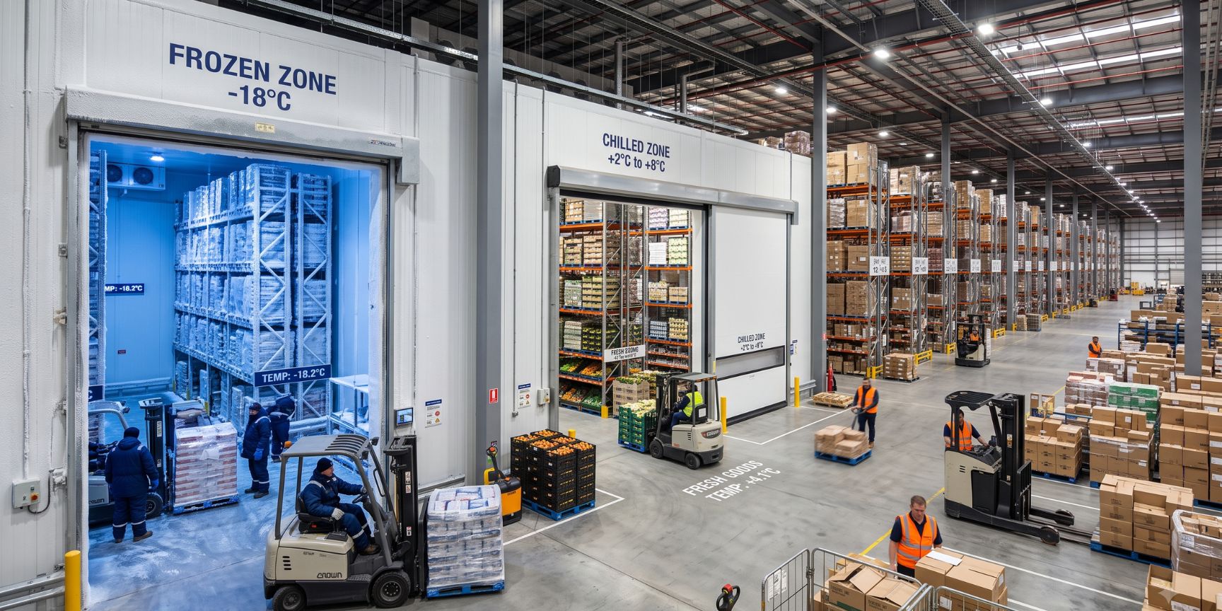 Specialized cooling lock loading door in a multi-temperature logistics property for uninterrupted cold chain during loading and unloading.